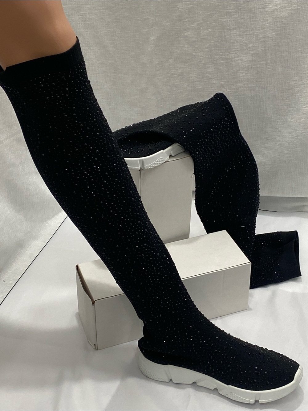 Black Over-the-Knee Embellished Sock Boots with White Sole